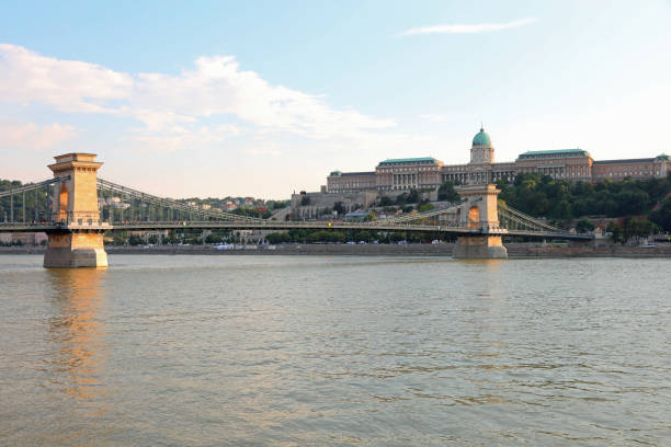 Budapest, B, Hungary - August 18, 2023: Szechenyi Chain Bridge over Danube River and Buda Castle on the Hill in Europe