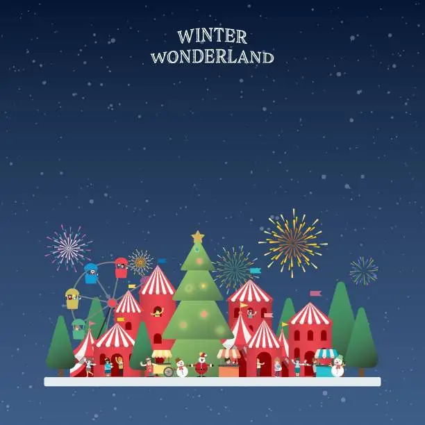 Vector illustration of Winter wonderland at night vector illustration have blank space. Merry Christmas and Happy New Year greeting card template.