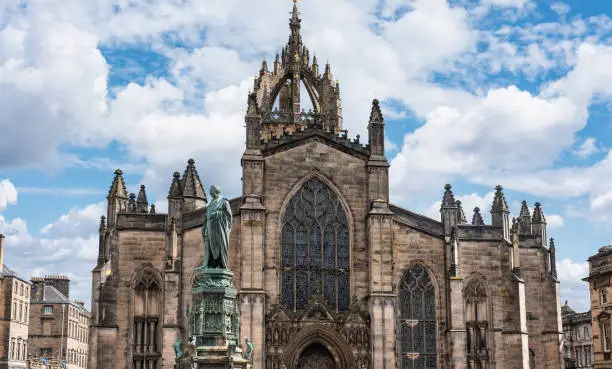 Main facade of St. Giles' Cathedral in the medieval city of Edinburgh, Scotland