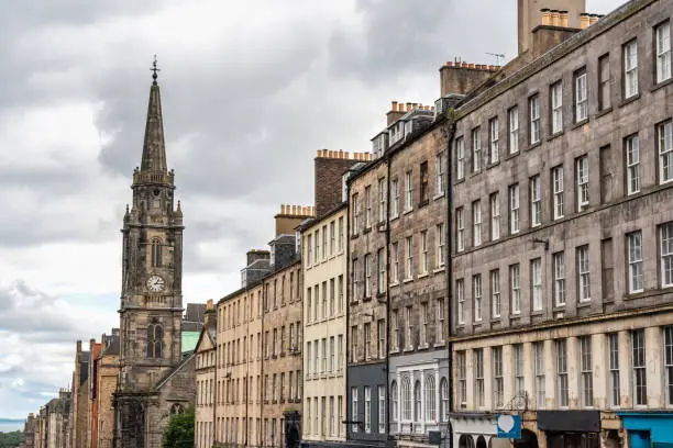 Picturesque buildings of great beauty on the main avenue of the Royal Mile in the center of Edinburgh, Scotland