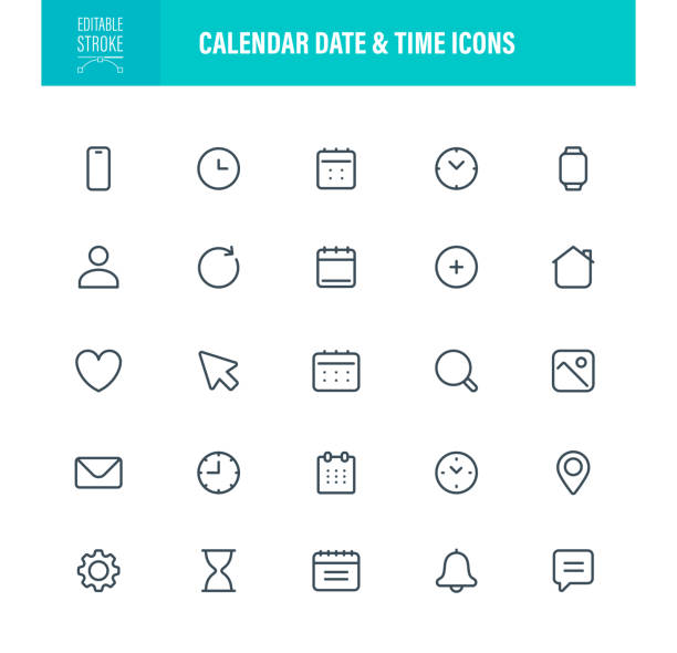 Calendar Date & Time Icons Editable Stroke vector art illustration