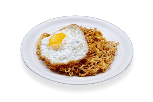 Fried Noodles With Sunny Side Up Egg On White Plate With Isolated
