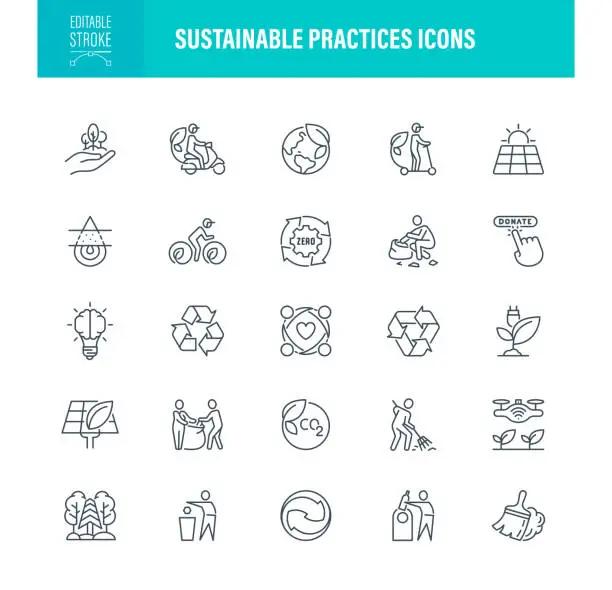 Vector illustration of Sustainable Practices Icons Editable Stroke