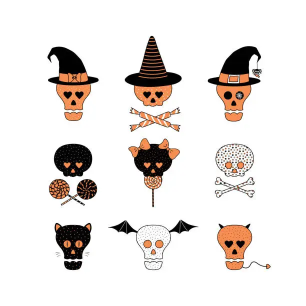 Vector illustration of Set of hand drawn vector funny cartoon skulls with different patterns, witch hats, candy, lollipops, bones, ribbons, cat ears, whiskers, bat wings, horns and tail.