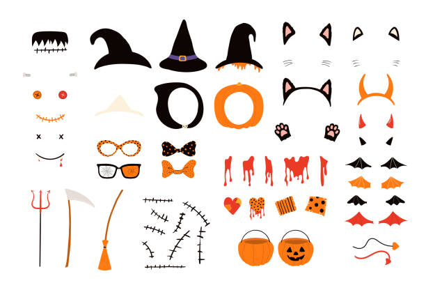 Cute Halloween accessories isolated, big set. Cute Halloween accessories isolated, big set. Witch hat, pumpkin bag, horns, cat ears, wings, stitch, blood. Hand drawn vector illustration. Cartoon style flat design. Kid holiday print elements costume stock illustrations
