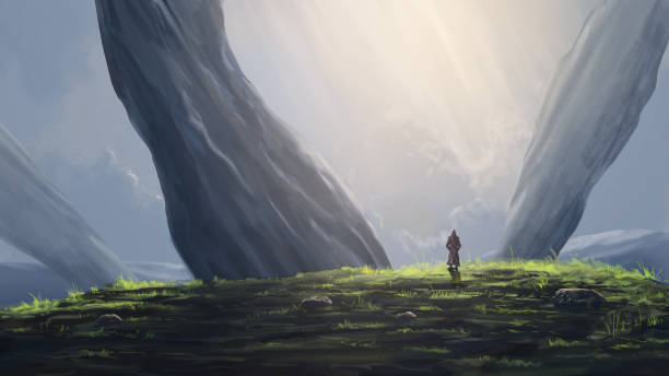 istock Warrior silhouette walking on grass hill with distant mountain and stone pillars. Fantasy landscape background, digital hand painting 1698290715