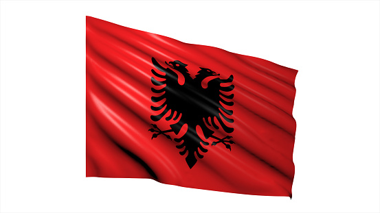 Close-up of the Albanian national flag waving. Red flag with black two-headed eagle. 3d illustration render. Fluttering fabric background.