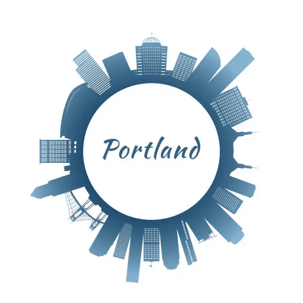 Vector illustration of Portland skyline with colorful buildings. Circular style. Stock vector illustration.