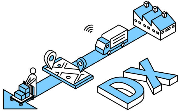 Image simple isometric illustration of logistics and distribution system and DX Image simple isometric illustration of logistics and distribution system and DX digital transformation factory stock illustrations