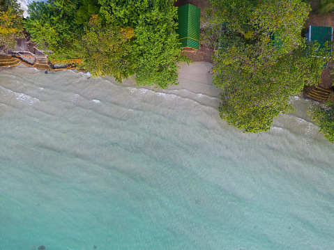 Aerial view sea beach wave white sand beach with green tree forest summer vacation background