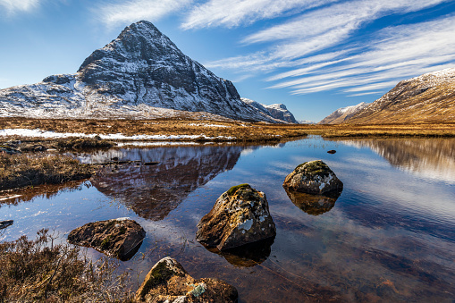 A clear spring day to see the great Buachaille Etive Mor and its reflection at Glen Etive, Highlands of Scotland.
