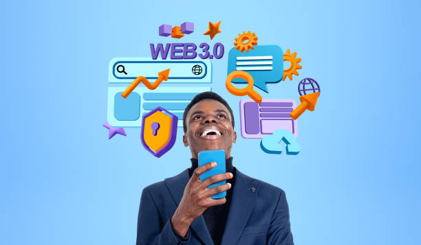 istock Happy African man with smartphone and web 3.0 icons 1698326148
