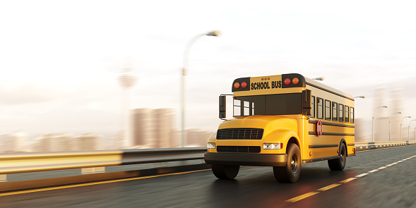 Classic yellow school bus with red stop sign, side view moving on road with Kuala Lumpur blurred skyscrapers. Concept of education and beginning of school year. 3D rendering illustration