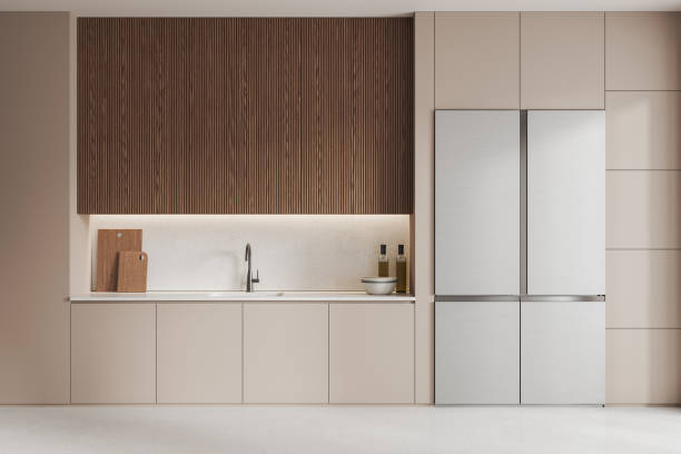 istock Cozy home kitchen interior with shelves, refrigerator and stylish kitchenware 1698339316