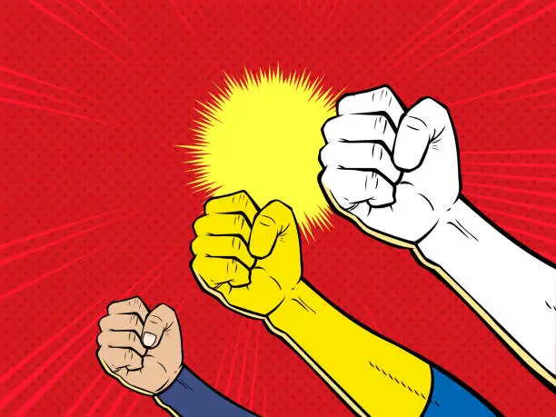 Vector illustration of Vector Pop Art Superhero Fist Up in the Air Stock Illustration