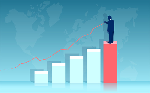 Vector of a businessman standing on a bar graph drawing future world economy growth projection