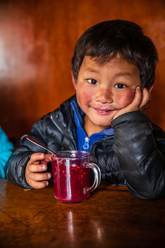 Portrait of little boy eating a jelly, Mount Everest National Park. This is the highest national park in the world, with the entire park located above 3,000 m ( 9,700 ft). This park includes three peaks higher than 8,000 m, including Mt Everest. Therefore, most of the park area is very rugged and steep, with its terrain cut by deep rivers and glaciers.