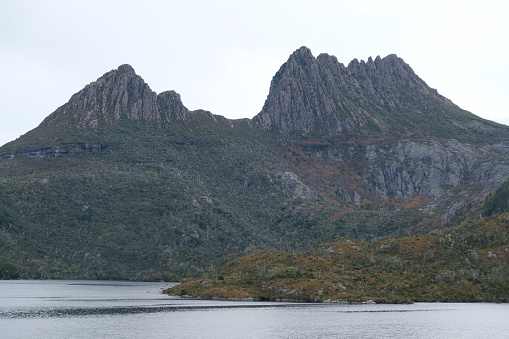 View at iconic Cradle Mountain and Dove Lake, a national park in the Central Highlands region of Tasmania. The mountain is situated in the Cradle Mountain-Lake St Clair National Park.\nAt 1,545 metres, it is the sixth-highest mountain in Tasmania.