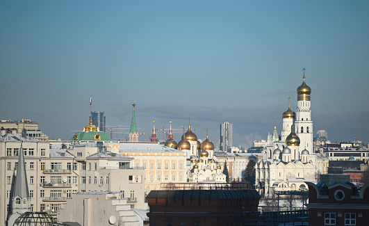 View of the Bell Tower of Ivan the Great and the cathedrals of the Moscow Kremlin.