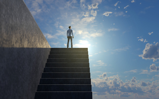 Successful businessman climbing up the stairs to the sky. Ladder of success. Open door for the new business opportunity 3D render