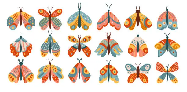 Vector illustration of Butterfly moth ethnic mystical boho set retro bohemian insects decoration ornament folk magic wings