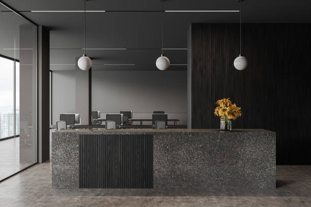istock Grey reception interior with desk and coworking space near panoramic window 1698390896