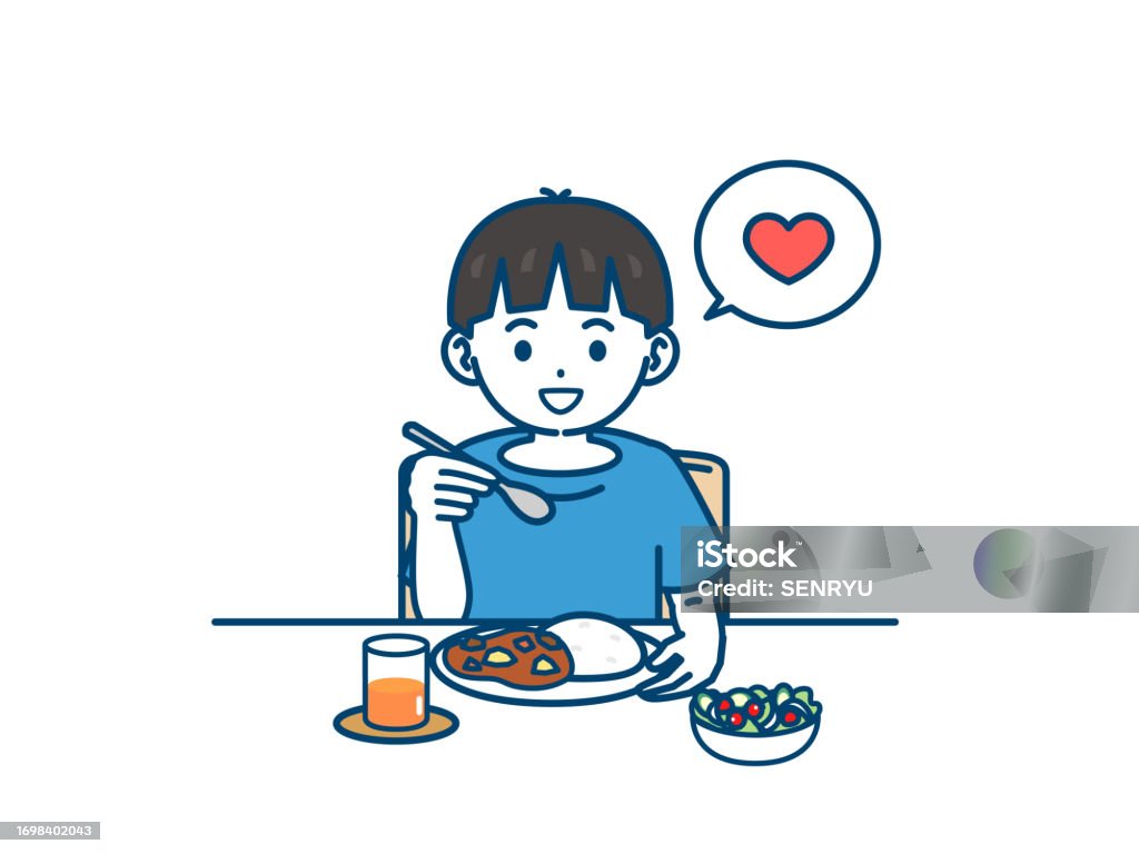 Boy Eating Rice Coloring Boy Eating Curry Rice Stock Illustration - Download Image Now - 6-7 ...