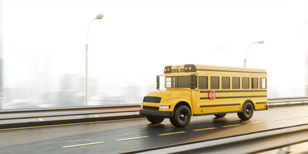 istock Yellow school bus with stop sign moving on a highway 1698415766