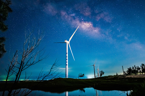This picture I took by Nikon, Lens 24/120 f:4 at dark night of Hainan Country side of China, in this picture you can see the clear sky and beautiful Milky Way along with windmill
