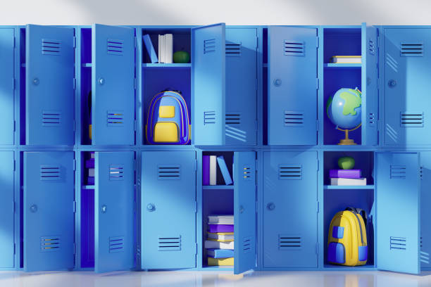 istock Blue school lockers with open doors and school supplies 1698418603