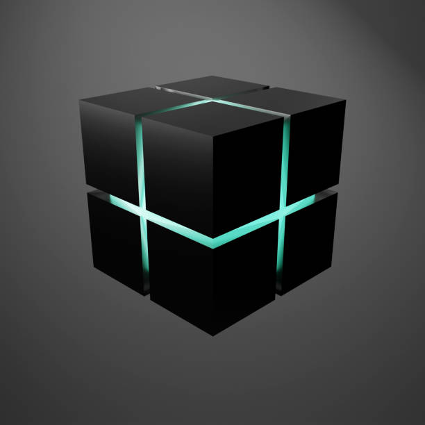 istock 3d render of abstract 3d glowing blue cube wireframe cage around on dark purple background 1698471309