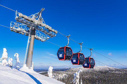 Landscape with snow and cable car in wintertime in Ruka, Finland.