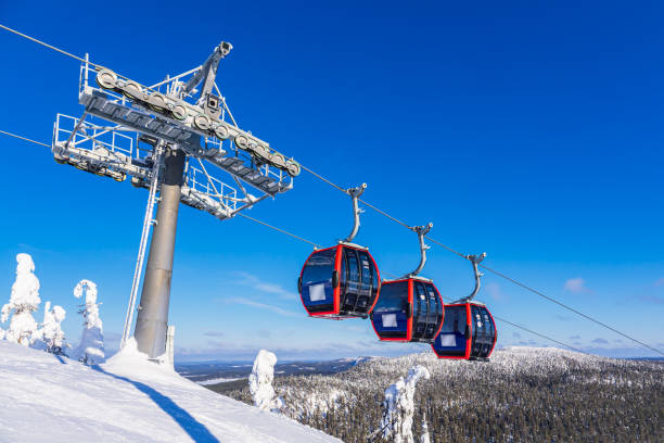 Landscape with snow and cable car in wintertime in Ruka, Finland stock photo