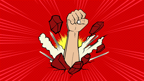 A retro style pop art vector illustration of a fist punched through a wall. Wide space available for your copy.