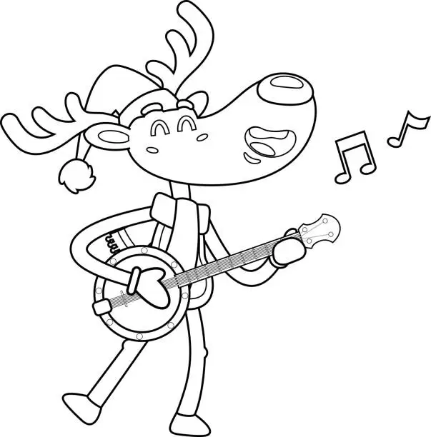 Vector illustration of Outlined Cute Christmas Reindeer Cartoon Character Is Singing And Playing The Banjo