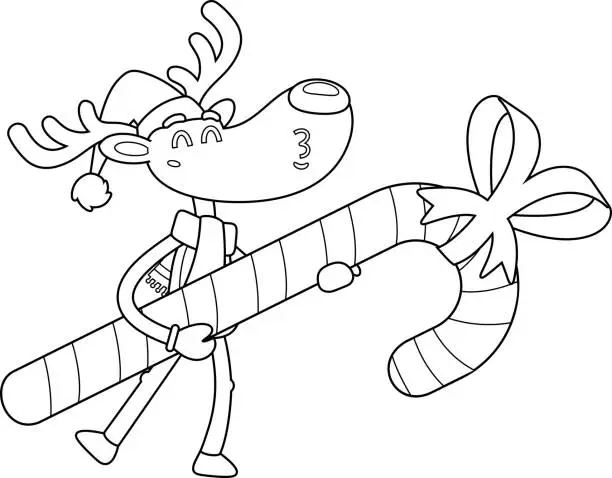Vector illustration of Outlined Cute Christmas Reindeer Cartoon Character Holding Candy Cane