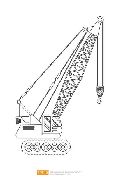 Vector illustration of Line Lifting crane vector illustration on white background. big heavy machinery equipment vehicle. Tower harbor lifter flat construction and Industrial. Coloring Page Book Cartoon Isolated for Kids