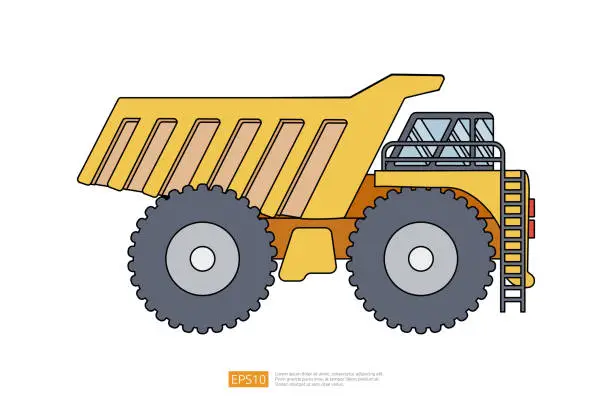 Vector illustration of yellow mining dump truck tipper vector illustration on white background. Isolated big heavy machinery equipment vehicle. flat cartoon construction and mining car icon. Coloring Page Book for Kids