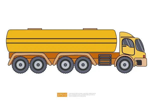 Vector illustration of Gas, oil, fuel container yellow truck illustration on white background. Isolated transportation gasoline tanker truck car. commercial vehicle flat vector. Coloring Page Book Cartoon for Kids