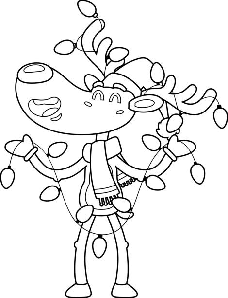 Outlined Happy Christmas Reindeer Cartoon Character With Christmas Lights Outlined Happy Christmas Reindeer Cartoon Character With Christmas Lights. Vector Hand Drawn Illustration Isolated On Transparent Background how to draw a moose drawing stock illustrations