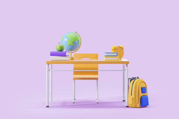 istock School desk and chair with backpack, globe and books 1698497358