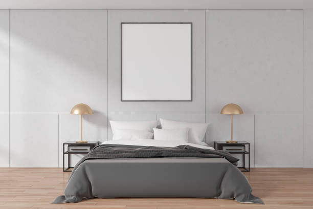 istock Stylish hotel bedroom interior with bed, nightstand and decor. Mockup frame 1698498434