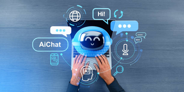 istock Man hands typing on laptop, AI robot chat 1698500605