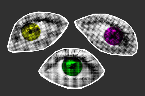 Clipart set of halftone collage eyes Clipart set of halftone collage of eyes with neon irises. Retro vector elements cut from a magazine, looking to the side. edgy drawings stock illustrations