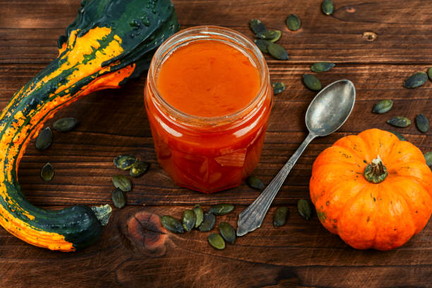 Seasonal autumn pumpkin, squash jam. stock photo