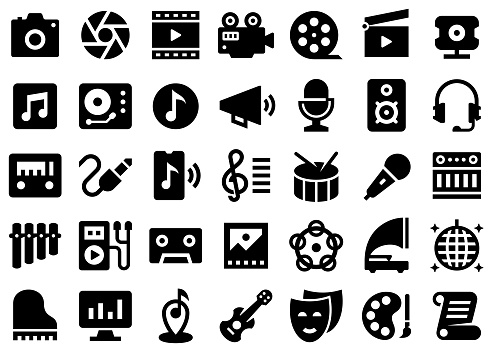 Minimal icon set of arts and entertainment elements. Perfect for use on web, mobile app, presentations and any graphic design work.