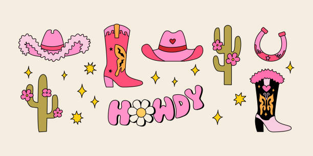 illustrations, cliparts, dessins animés et icônes de ensemble d’accessoires de cow-boy mignons, de cactus et de lettrage howdy - wild west horseshoe retro revival old fashioned