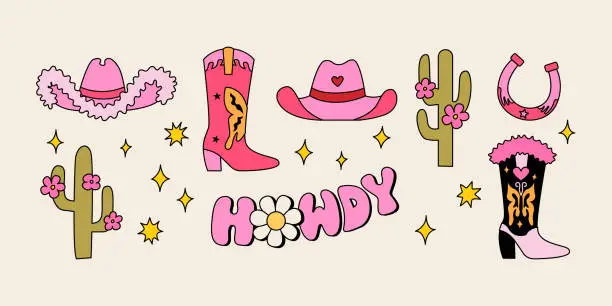 Vector illustration of Set of cute cowboy accessories, cactuses and lettering howdy
