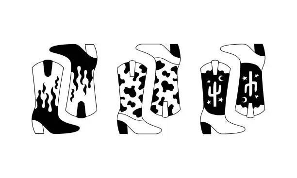 Vector illustration of Set of outline cowboy boots with flame, cactus and cow print