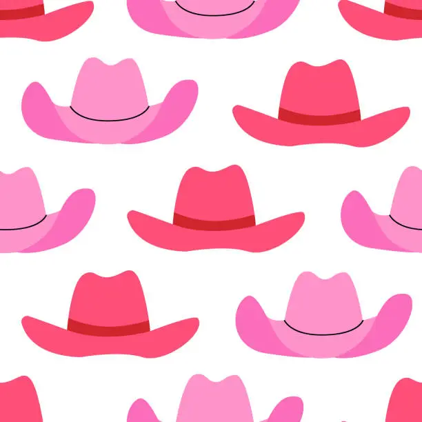 Vector illustration of Western seamless pattern with pink cowboy hats. Vector flat background